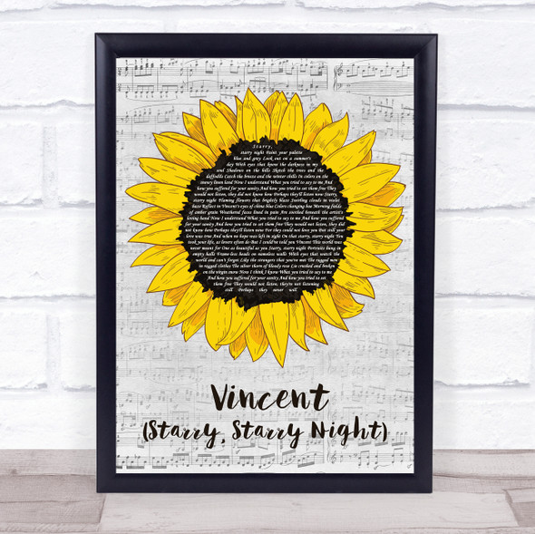 Don McLean Vincent (Starry, Starry Night) Grey Script Sunflower Song Lyric Print