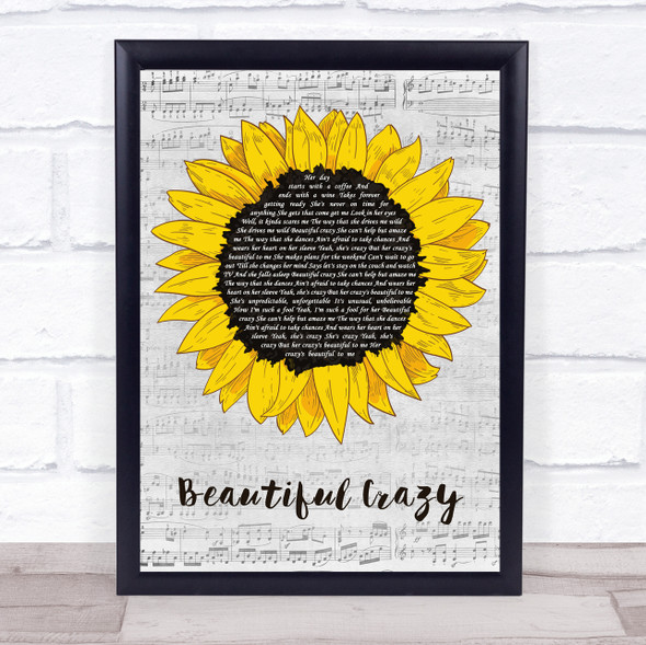 Luke Combs Beautiful Crazy Grey Script Sunflower Song Lyric Print