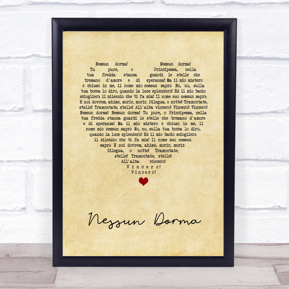 Andrea Bocelli Nessun Dorma Vintage Heart Song Lyric Print