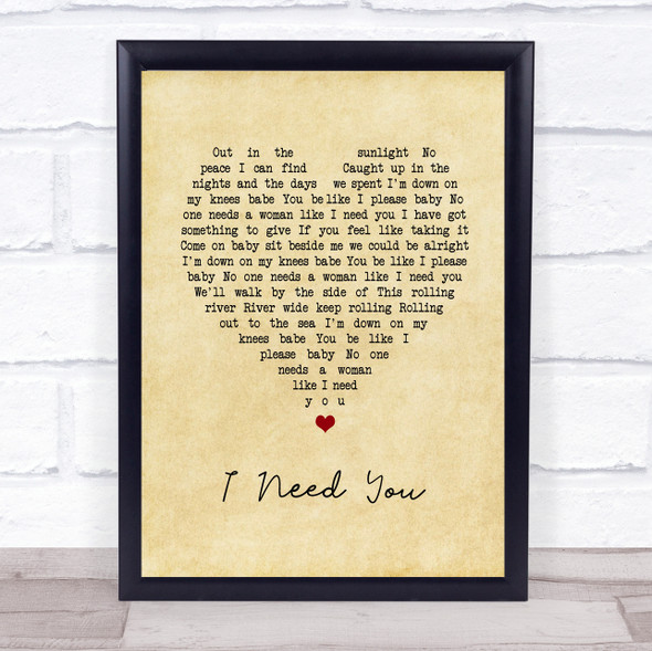 The Stands I Need You Vintage Heart Song Lyric Print