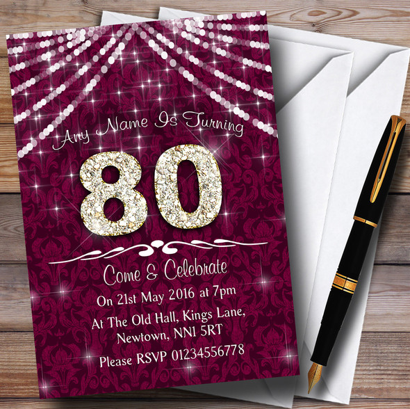 80Th Cranberry & White Bling Sparkle Birthday Party Customised Invitations