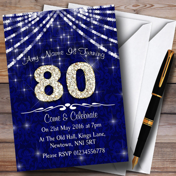 80Th Navy Blue & White Bling Sparkle Birthday Party Customised Invitations