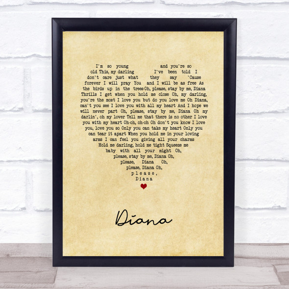 Paul Anka Diana Vintage Heart Song Lyric Print