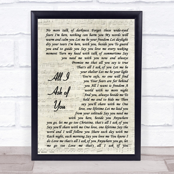 Andrew Lloyd Webber All I Ask of You Vintage Script Song Lyric Print