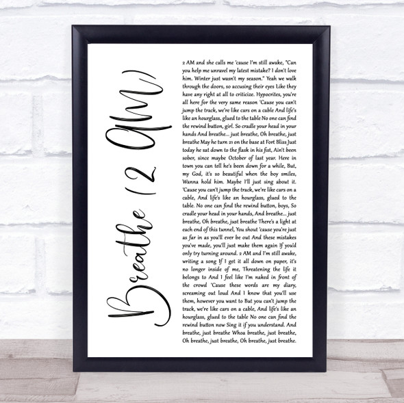 Anna Nalick Breathe (2 AM) White Script Song Lyric Print