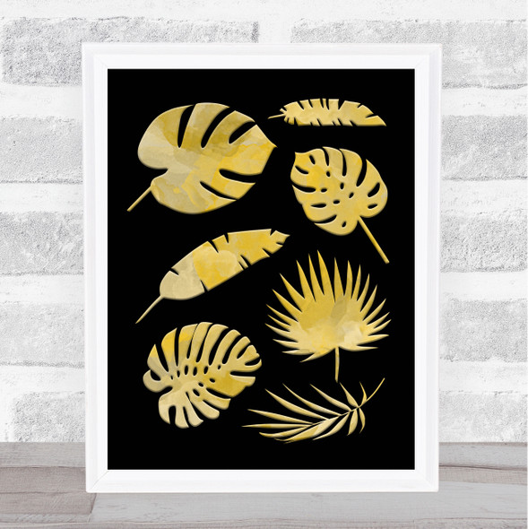 Jungle Art Golden Leaves On Black Wall Art Print