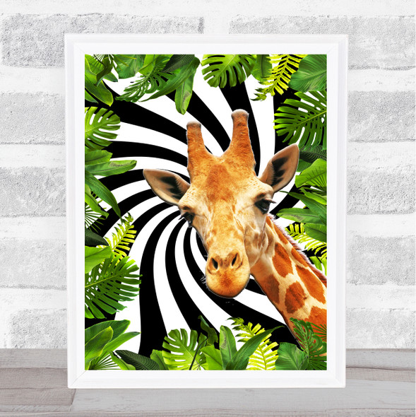 Jungle Leaves Black & White Swirl Giraffe Wall Art Print