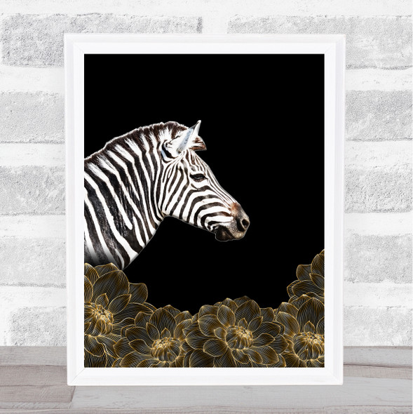 Zebra Gold Flowers Wall Art Print