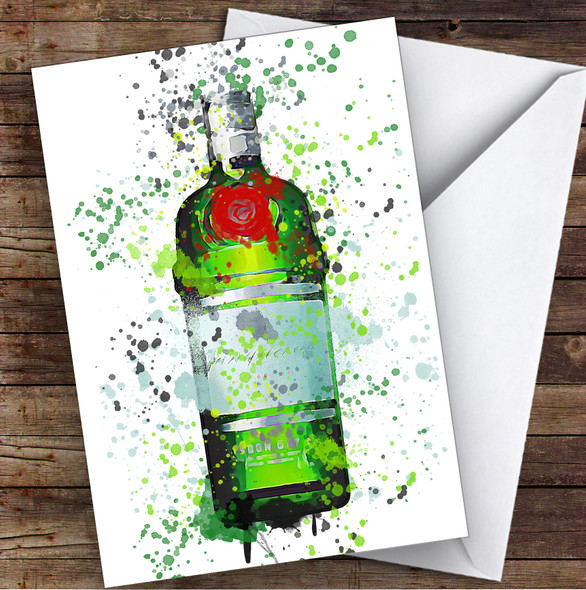 Watercolour Splatter Green Red Dry London Gin Bottle Personalised Birthday Card