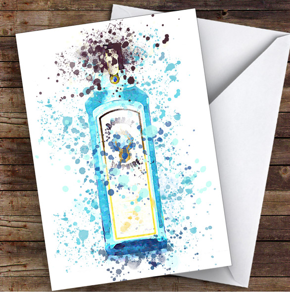 Watercolour Splatter Sapphire Blue Gin Bottle Personalised Birthday Card