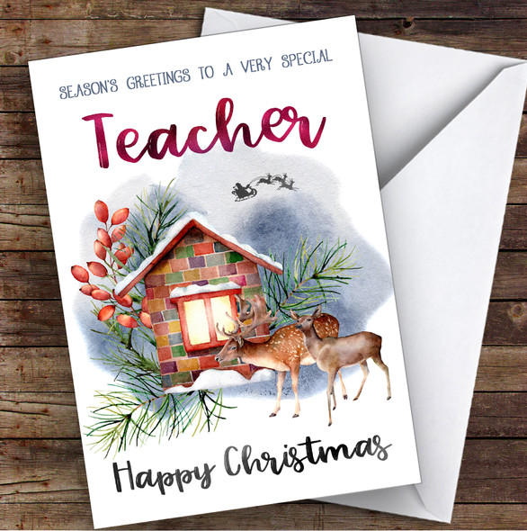 Watercolour Deer To Very Special Teacher Personalised Christmas Card