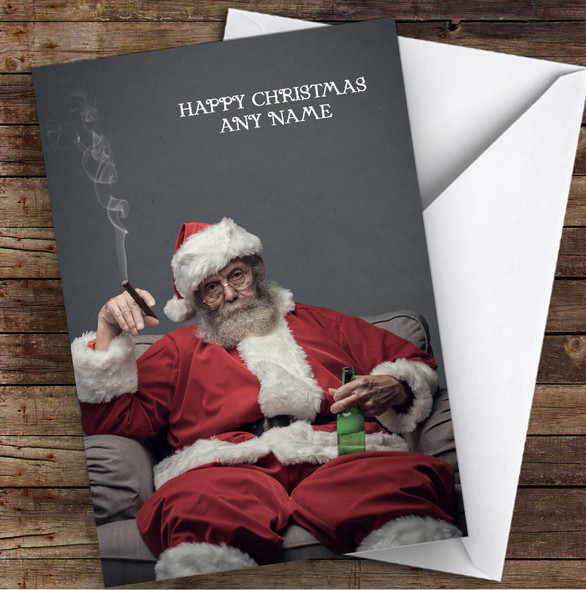 Funny Grumpy Bad Santa Drinking Smoking Joke Personalised Christmas Card