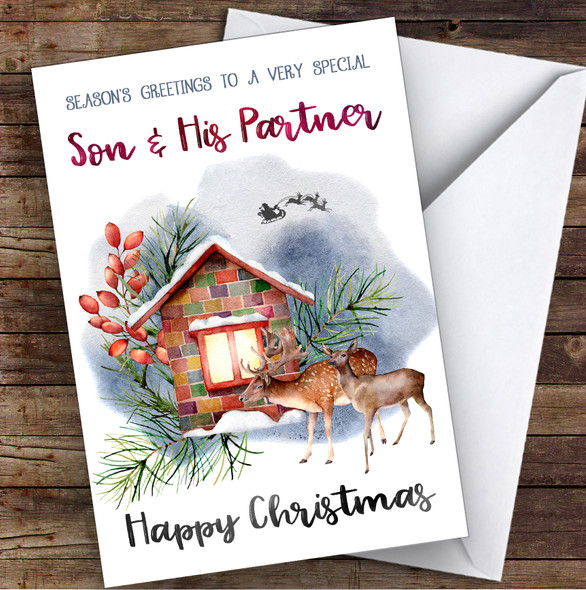 Watercolour Deer To Very Special Son & His Partner Personalised Christmas Card