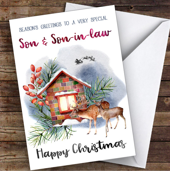 Watercolour Deer To Very Special Son & Son-In-Law Personalised Christmas Card