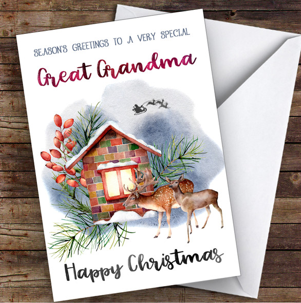 Watercolour Deer To Very Special Great Grandma Personalised Christmas Card