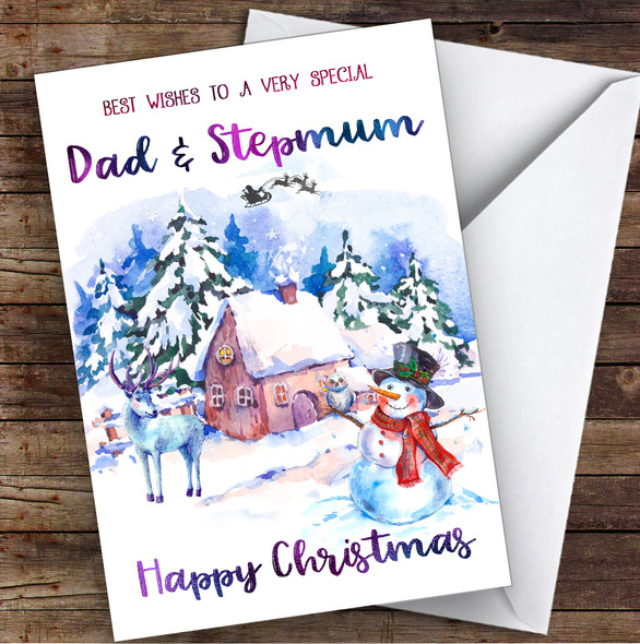 Watercolour Snowman Special Dad & Stepmum Personalised Christmas Card