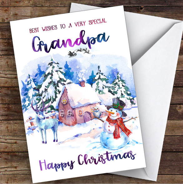 Watercolour Snowman Special Grandpa Personalised Christmas Card