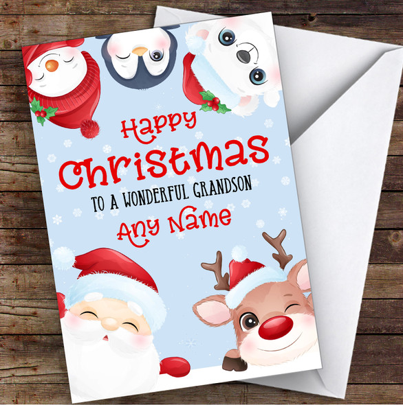 Cute Christmas Characters Grandson Personalised Christmas Card