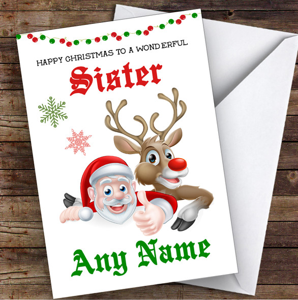 Santa & Reindeer Wonderful Sister Personalised Christmas Card