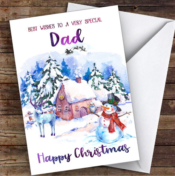 Watercolour Snowman Special Dad Personalised Christmas Card