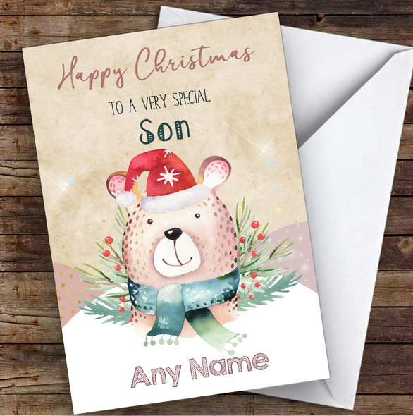 Watercolour Bear Special Son Personalised Christmas Card