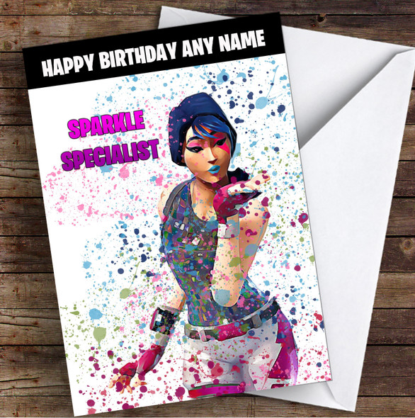 Splatter Art Gaming Fortnite Sparkle Specialist Kid's Children's Personalised Birthday Card