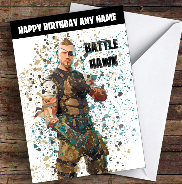 Splatter Art Gaming Fortnite Battle Hawk Kid's Children's Personalised Birthday Card