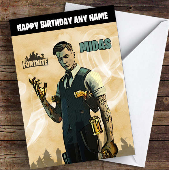 Midas Gaming Comic Style Kids Fortnite Skin Children's Personalised Birthday Card