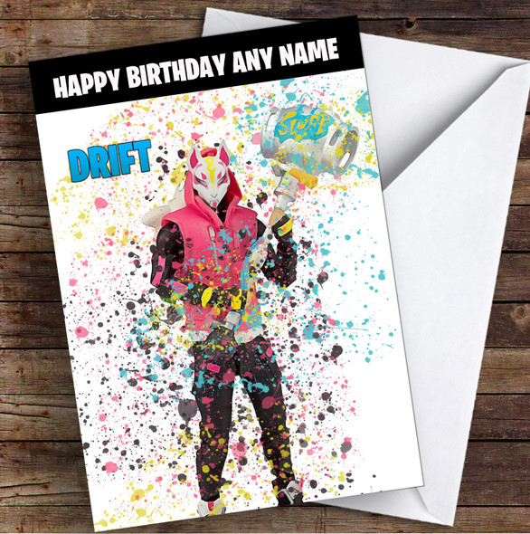 Splatter Art Gaming Fortnite Drift Kid's Children's Personalised Birthday Card