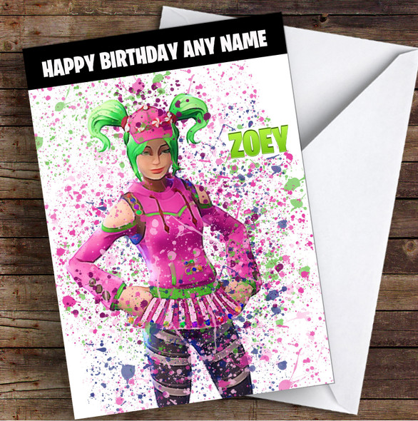 Splatter Art Gaming Fortnite Zoey Kid's Children's Personalised Birthday Card