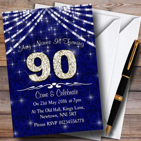 90Th Navy Blue & White Bling Sparkle Birthday Party Customised Invitations