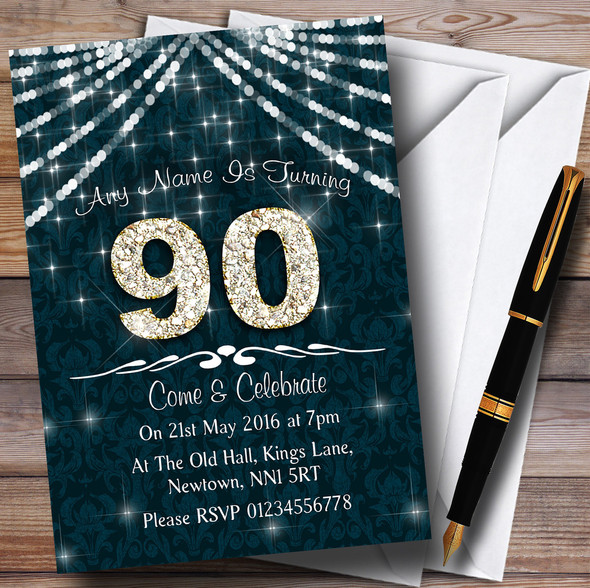 90Th Turquoise & White Bling Sparkle Birthday Party Customised Invitations