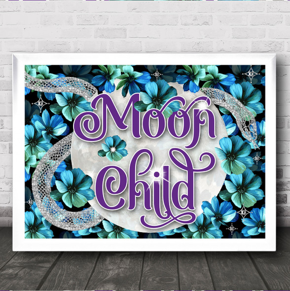 Gothic Floral Blue Green Silver Typography Moon Child Home Wall Art Print