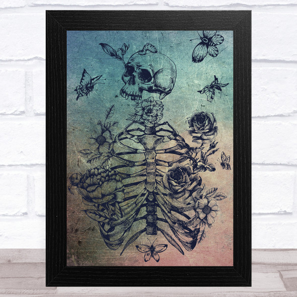 Gothic Blooming Skeleton Chest With Roses Butterflies Home Wall Art Print