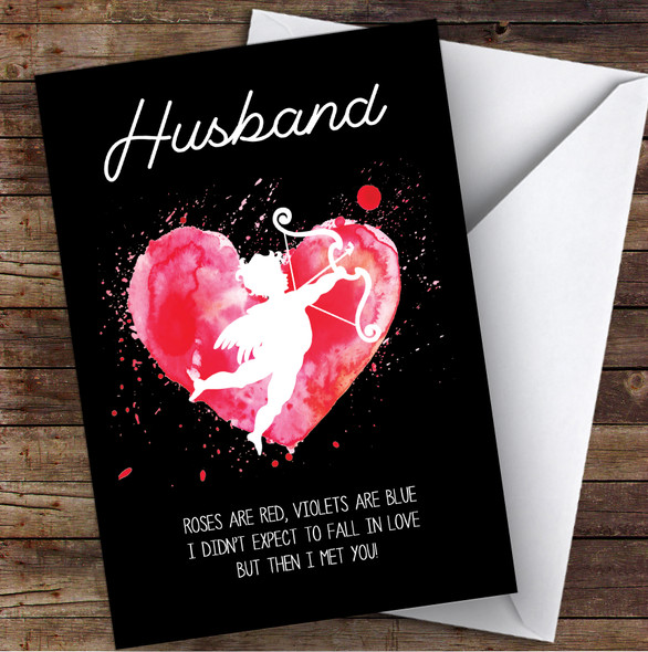 Husband Cherub & Watercolour Heart Roses Are Red Valentine's Day Card