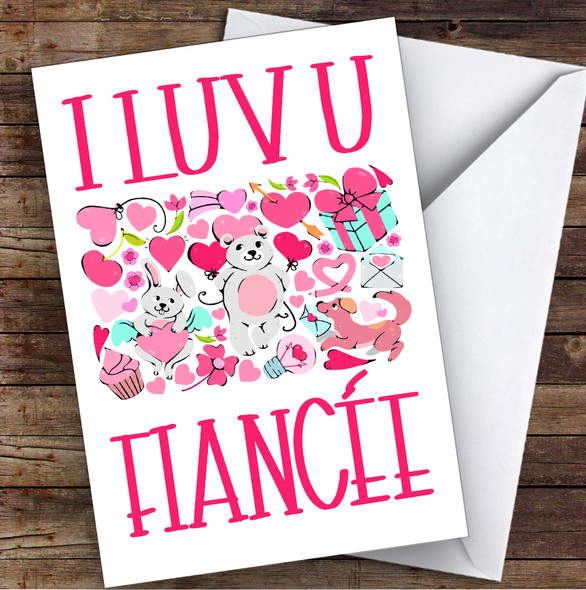 Cutesy Pink Heart & Animals Fiancée Personalised Valentine's Day Card