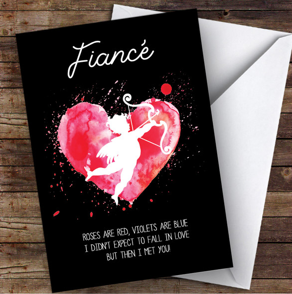 Fiancé Cherub & Watercolour Heart Roses Are Red Valentine's Day Card