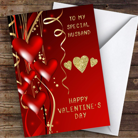 Red Gold Hearts Husband Personalised Valentine's Day Card