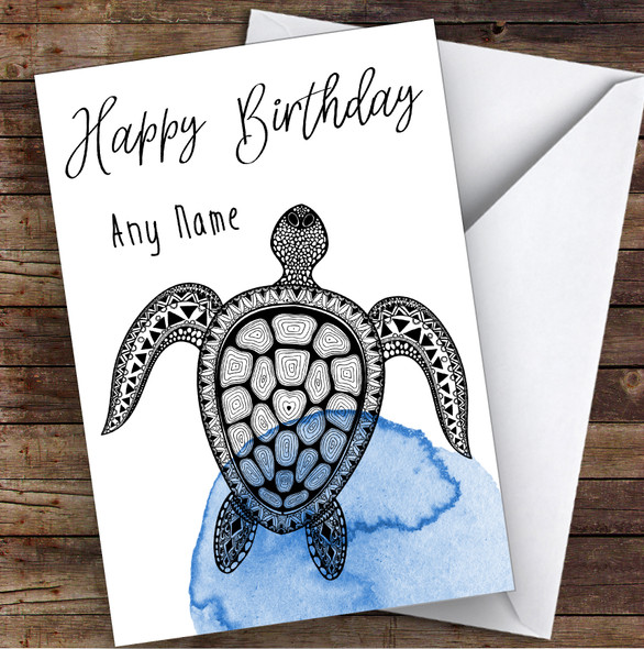 Watercolour Blue Sea Turtle Personalised Birthday Greetings Card
