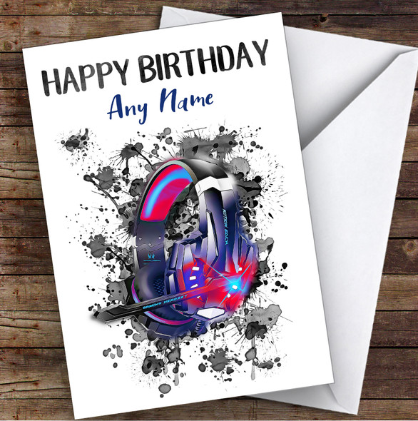 Gaming Headphones Splatter Art Children's Kids Personalised Birthday Card