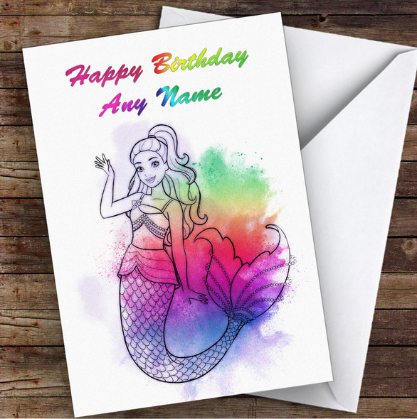 Barbie Mermaid Watercolour Splatter Children's Kids Personalised Birthday Card