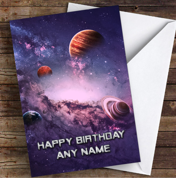 Celestial Collection Planets Space Dark Purple Personalised Birthday Card