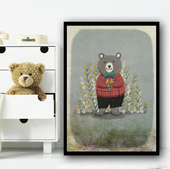 Bear Vintage Style Rustic Flowers Wall Art Print