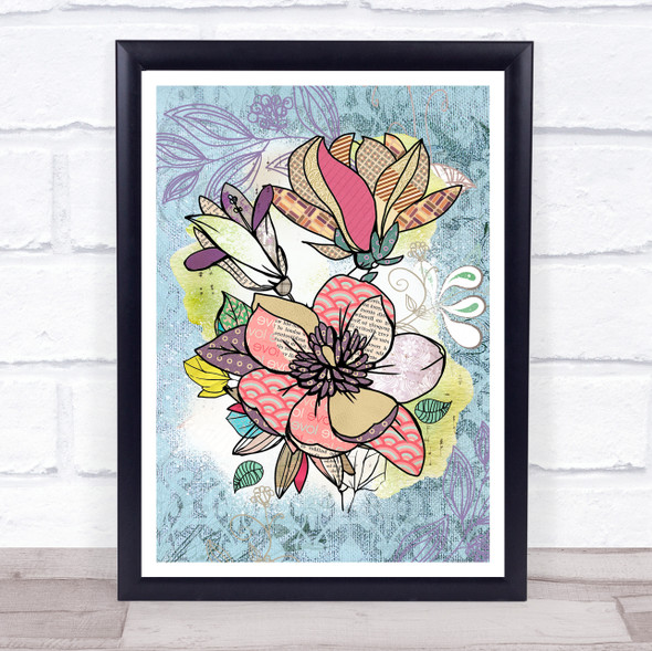 Abstract Vintage Flowers Magnolias Blue Wall Art Print