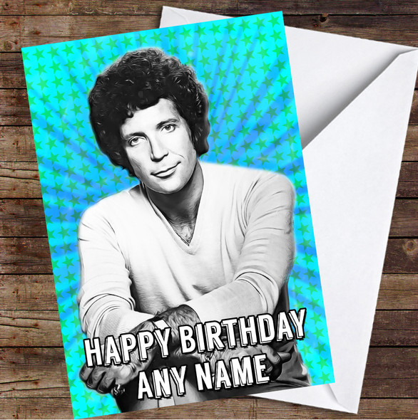 Tom Jones Retro Pop Art Blue Green Star Burst Personalised Birthday Card