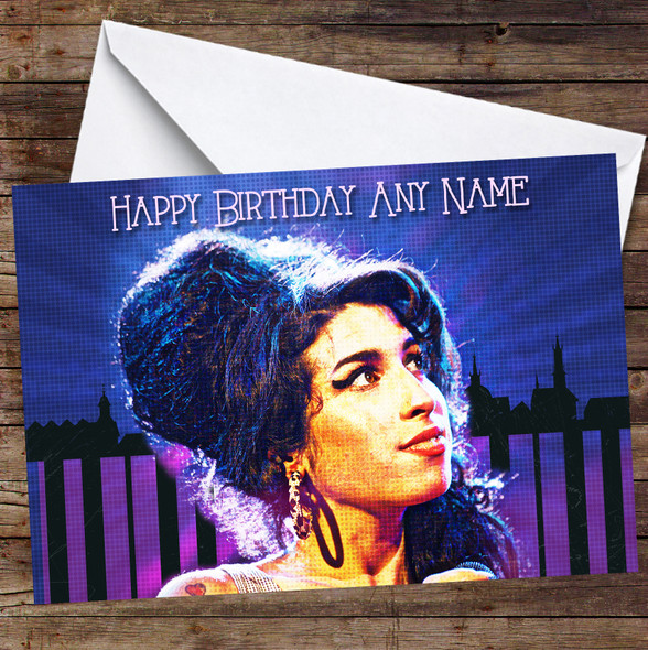 Amy Winehouse Pop Art Piano Cityscape Personalised Birthday Card