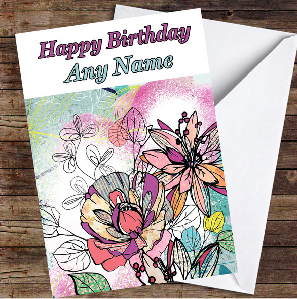 Abstract Vintage Flowers Bright Colourful Leaves Personalised Birthday Card