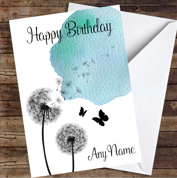 Dandelion Seeds Watercolour Blue Personalised Birthday Card