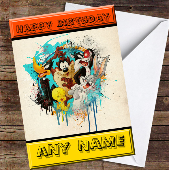 Looney Tunes Splatter Rustic Personalised Birthday Card