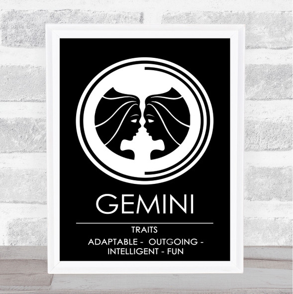 Zodiac Star Sign Black & White Traits Gemini Wall Art Print